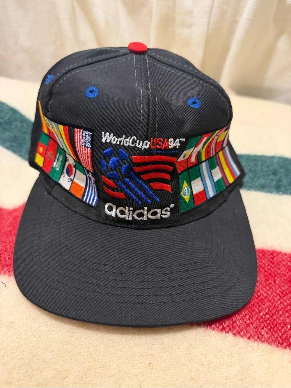 Vintage 90s Adidas Soccer World Cup Hat Cap Snap Back Black Flags Countries